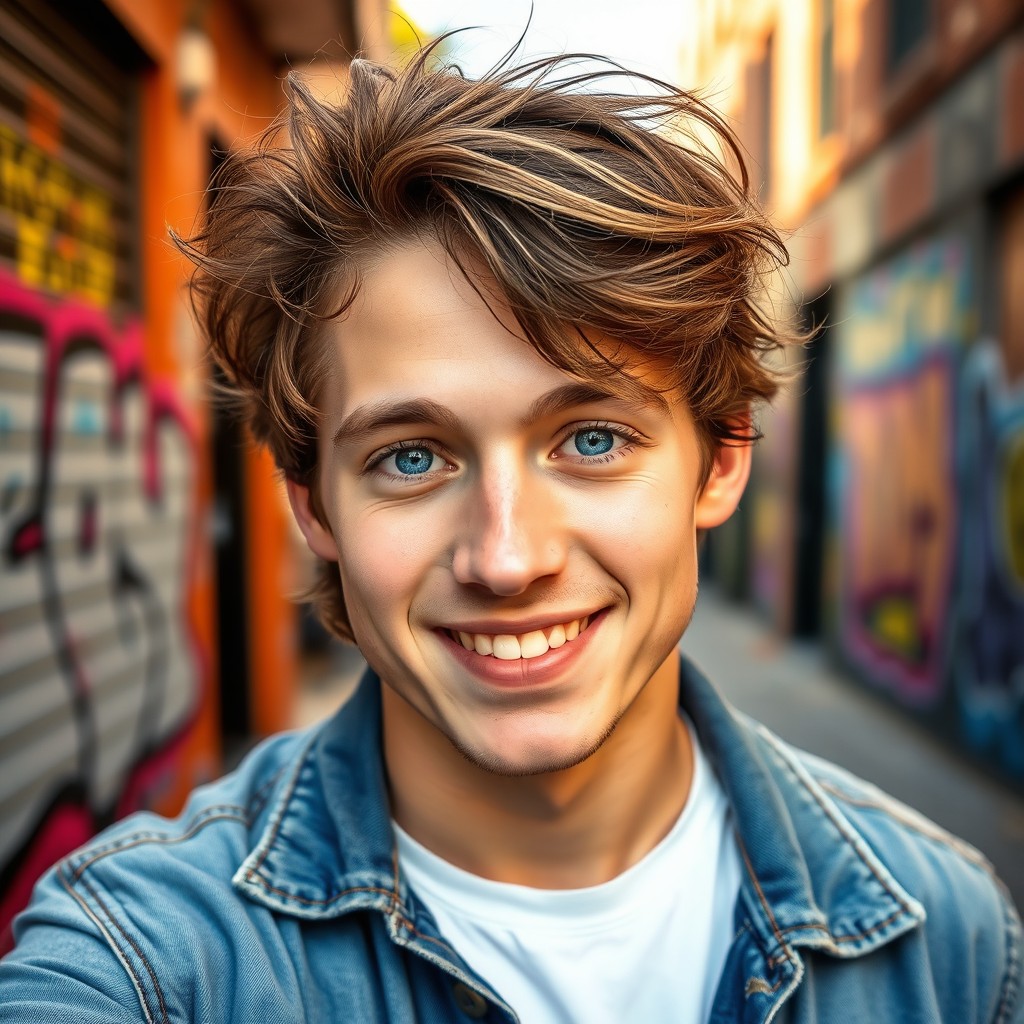 A close-up portrait of a charismatic young man named Andy with tousled brown hair and bright blue eyes, wearing a casual denim jacket over a white t-shirt, smiling at the camera