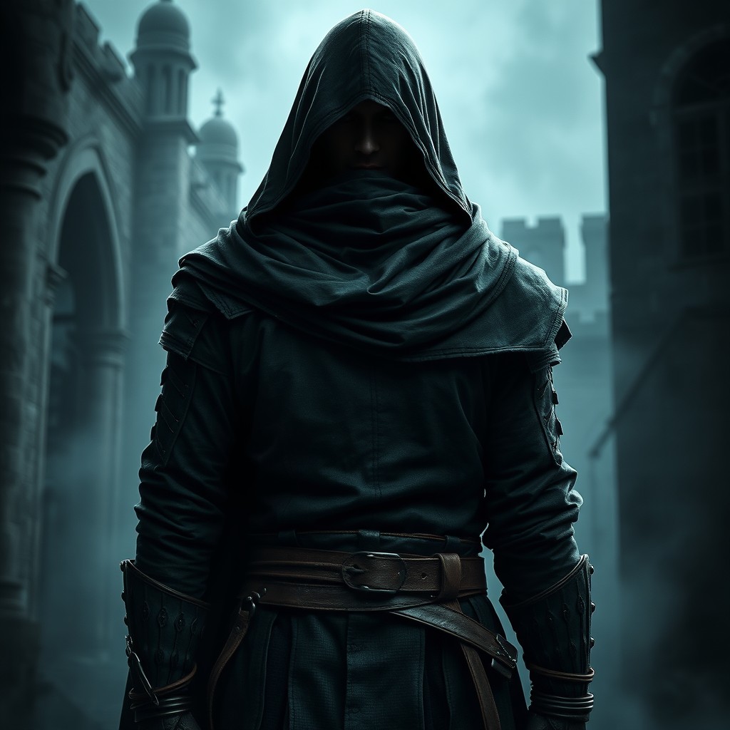 A medieval dark warrior assassin standing with their back turned, wearing an old hood and cloaked in a dark green aesthetic