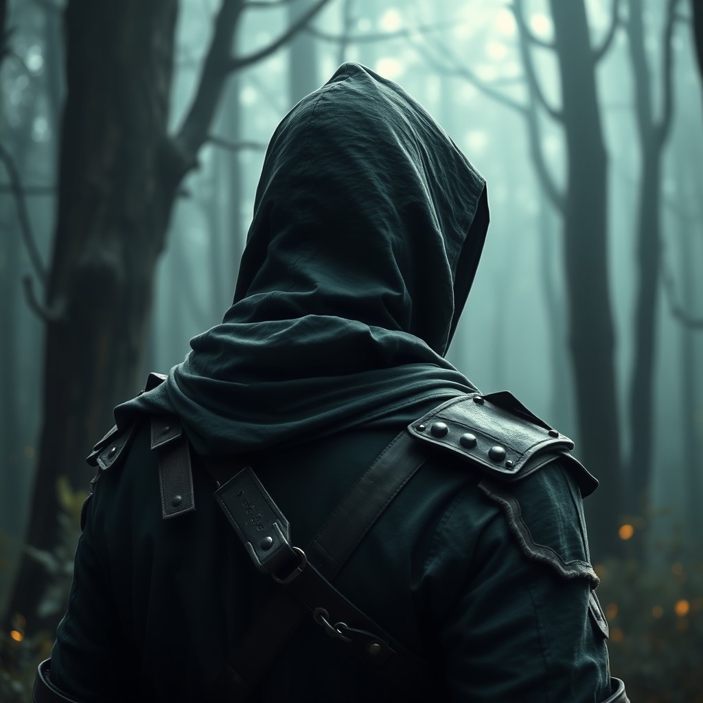 A medieval dark warrior assassin captured from behind, wearing an old hood that casts shadows over their face, which is completely covered, enhancing the sense of mystery