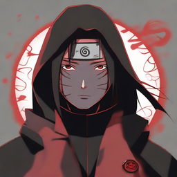 A plain portrait of Itachi Uchiha from Naruto with no background. He is cloaked in his Akatsuki robe, his Sharingan eyes glowing impressively.