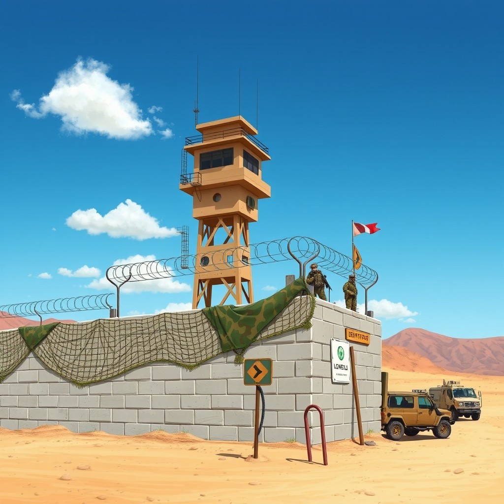 A detailed illustration of a military checkpoint wall set in a desert landscape
