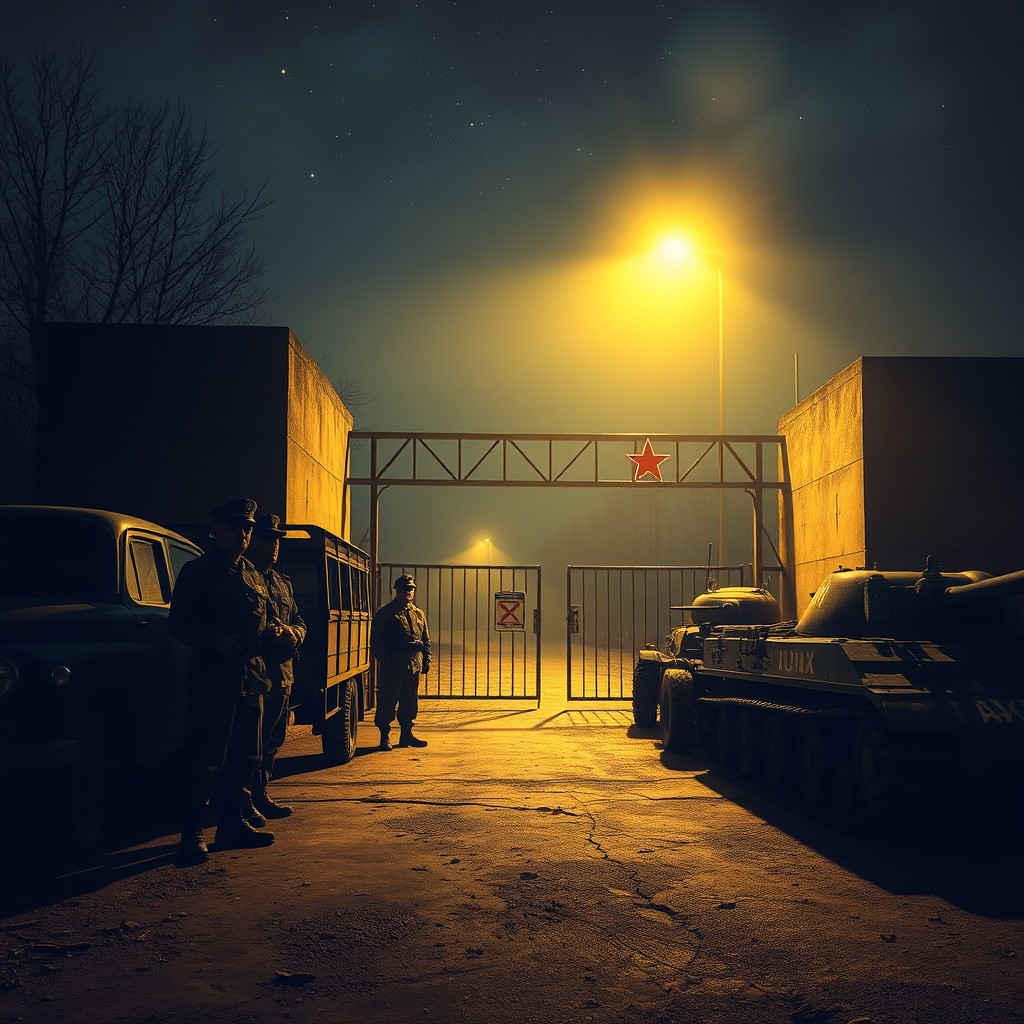 A dramatic scene of a Soviet military checkpoint at night