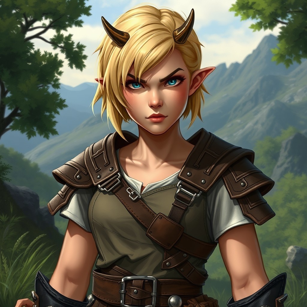 A young female half-orc character from Dungeons and Dragons, depicted with short blond hair and medium height
