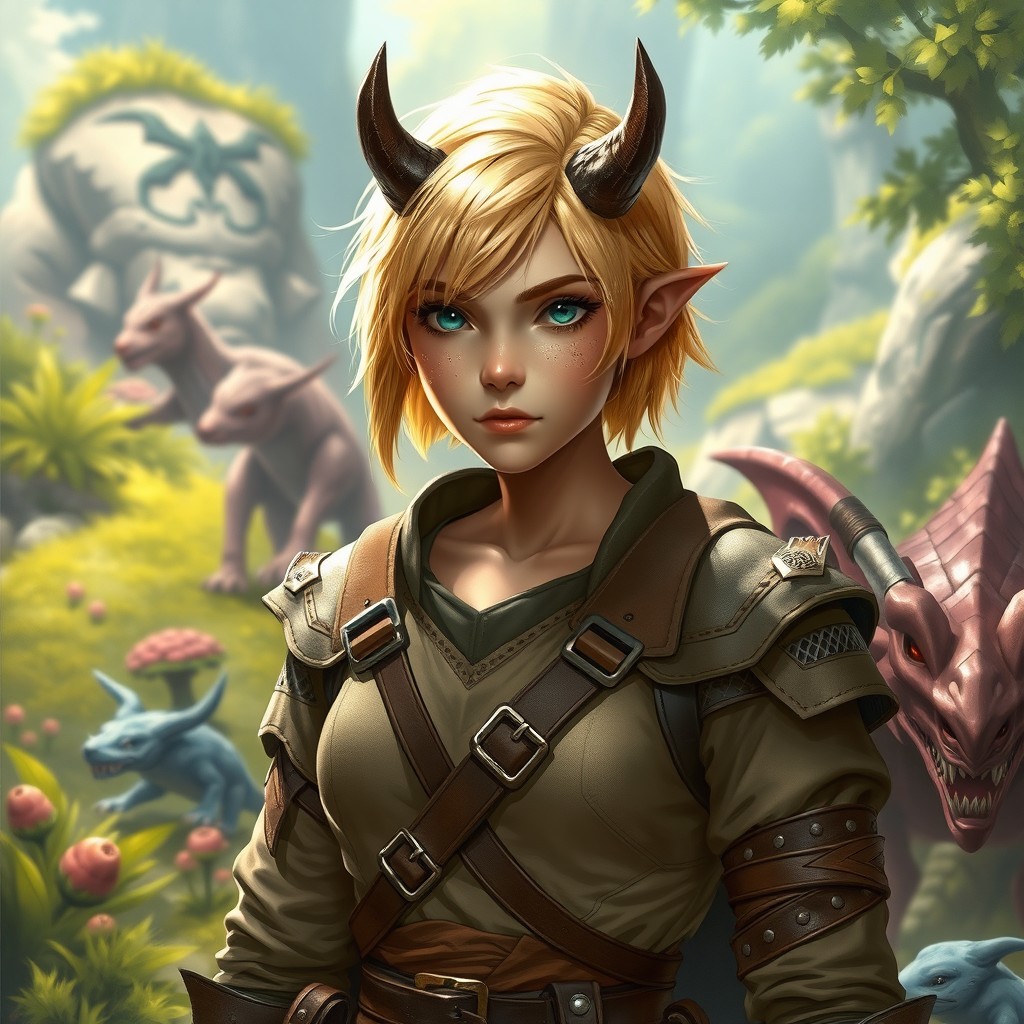 A young female half-orc character from Dungeons and Dragons, depicted with short blond hair and medium height