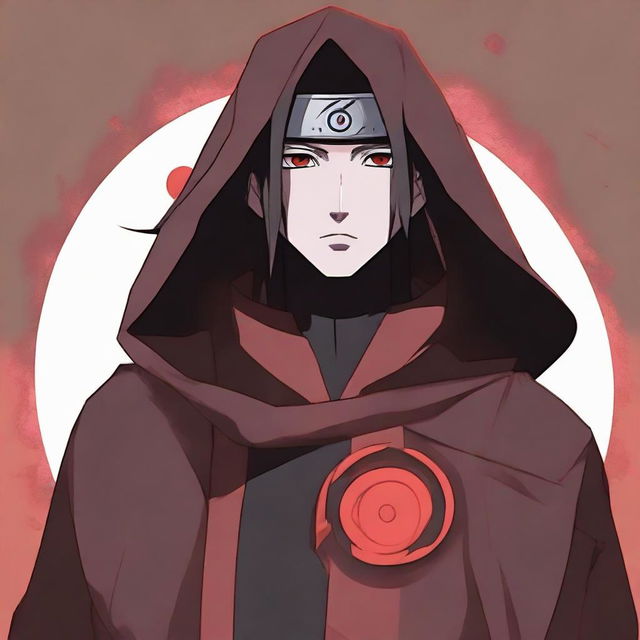 A plain portrait of Itachi Uchiha from Naruto with no background. He is cloaked in his Akatsuki robe, his Sharingan eyes glowing impressively.