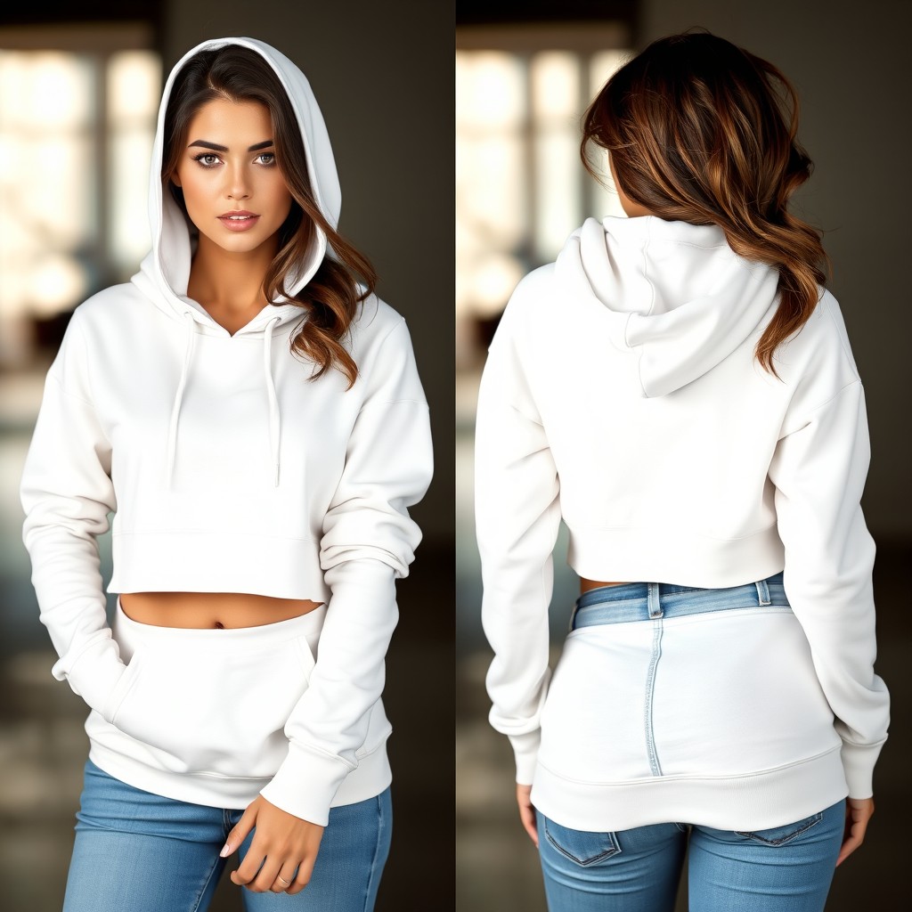 A stunning fashion model showcasing a white crop hoodie paired with blue jeans