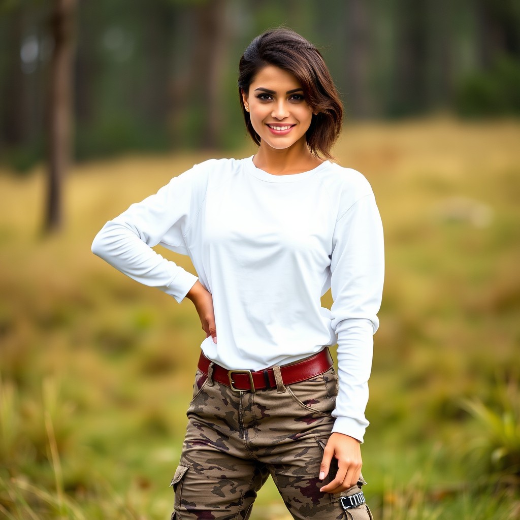 A stunning model posing confidently, showcasing a stylish white crew neck full sleeve shirt paired with rugged hunting pants