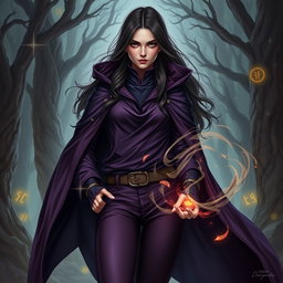A detailed portrait of a 35-year-old female sorcerer character, exuding a powerful and mystical aura