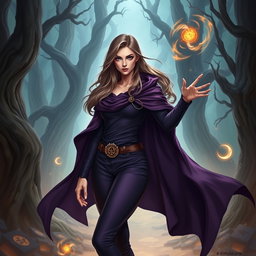 A detailed portrait of a 35-year-old female sorcerer character, exuding a powerful and mystical aura