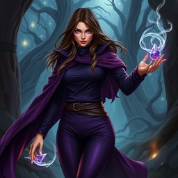 A detailed portrait of a 35-year-old female sorcerer character, exuding a powerful and mystical aura