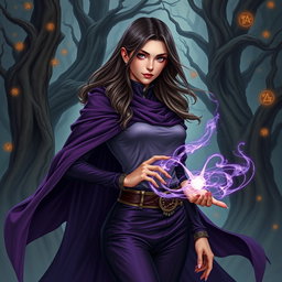 A detailed portrait of a 35-year-old female sorcerer character, exuding a powerful and mystical aura