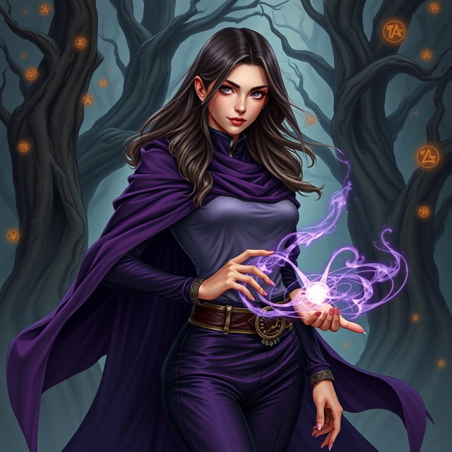 A detailed portrait of a 35-year-old female sorcerer character, exuding a powerful and mystical aura