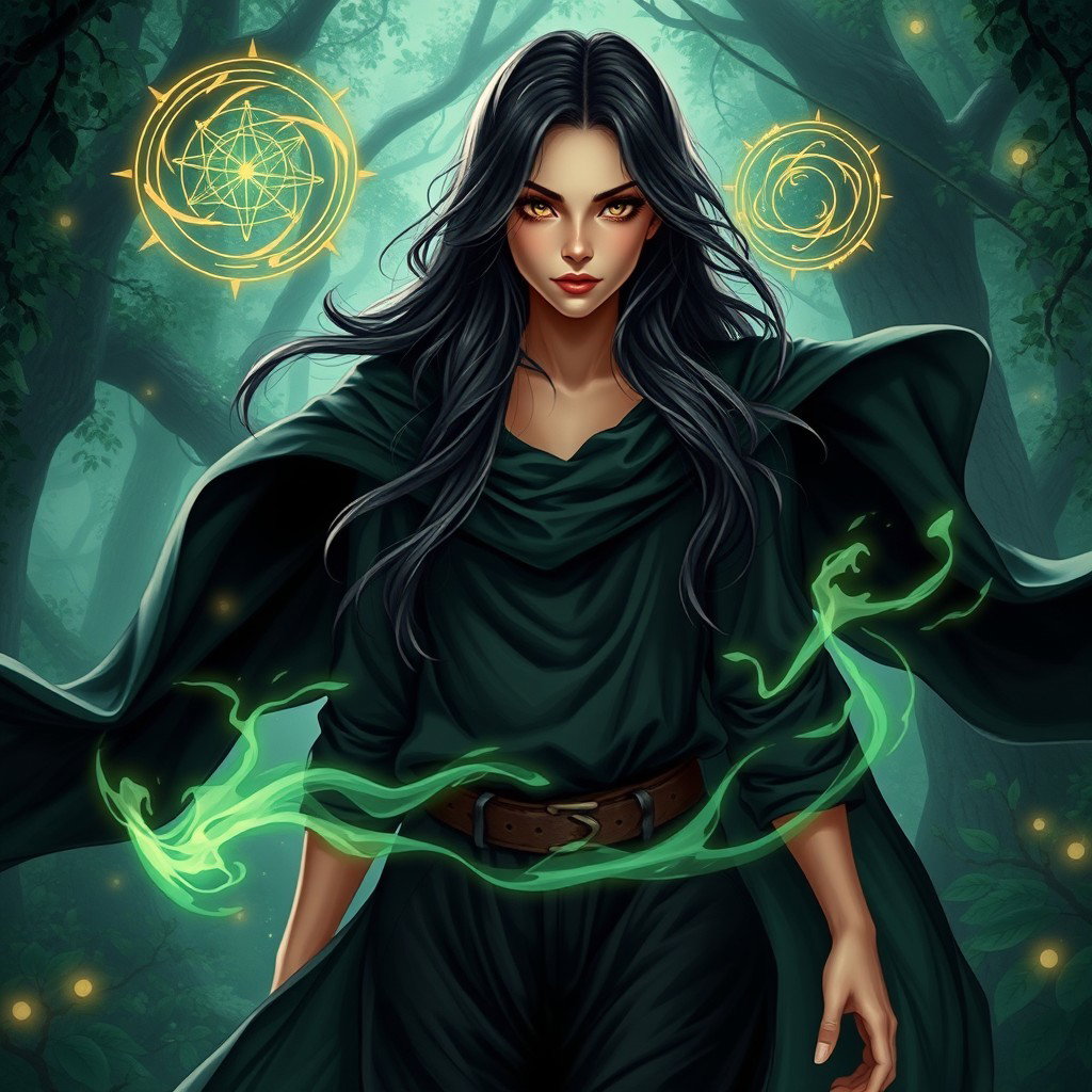 A captivating portrait of a 35-year-old female sorcerer character, radiating a sense of power and mystique