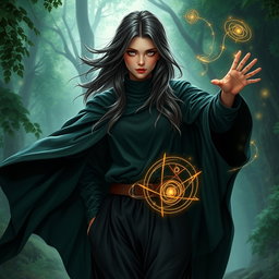 A captivating portrait of a 35-year-old female sorcerer character, radiating a sense of power and mystique