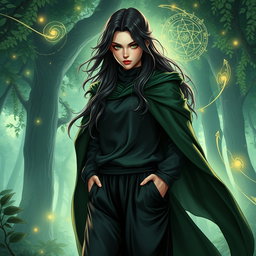 A captivating portrait of a 35-year-old female sorcerer character, radiating a sense of power and mystique