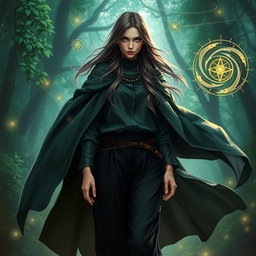 A captivating portrait of a 35-year-old female sorcerer character, radiating a sense of power and mystique