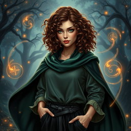 An engaging portrait of a 35-year-old female sorcerer character featuring curly brown hair that frames her face beautifully