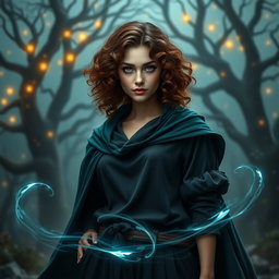 An engaging portrait of a 35-year-old female sorcerer character featuring curly brown hair that frames her face beautifully