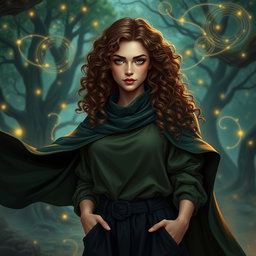 An engaging portrait of a 35-year-old female sorcerer character featuring curly brown hair that frames her face beautifully