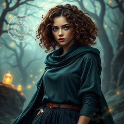 An engaging portrait of a 35-year-old female sorcerer character featuring curly brown hair that frames her face beautifully
