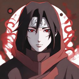 A plain portrait of Itachi Uchiha from Naruto with no background. He is cloaked in his Akatsuki robe, his Sharingan eyes glowing impressively.