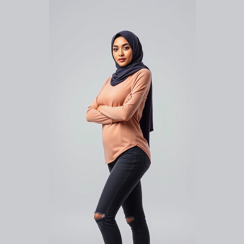 A striking image of a woman wearing a stylish hijab, showcasing a slim and ideal feminine figure, standing confidently in casual attire