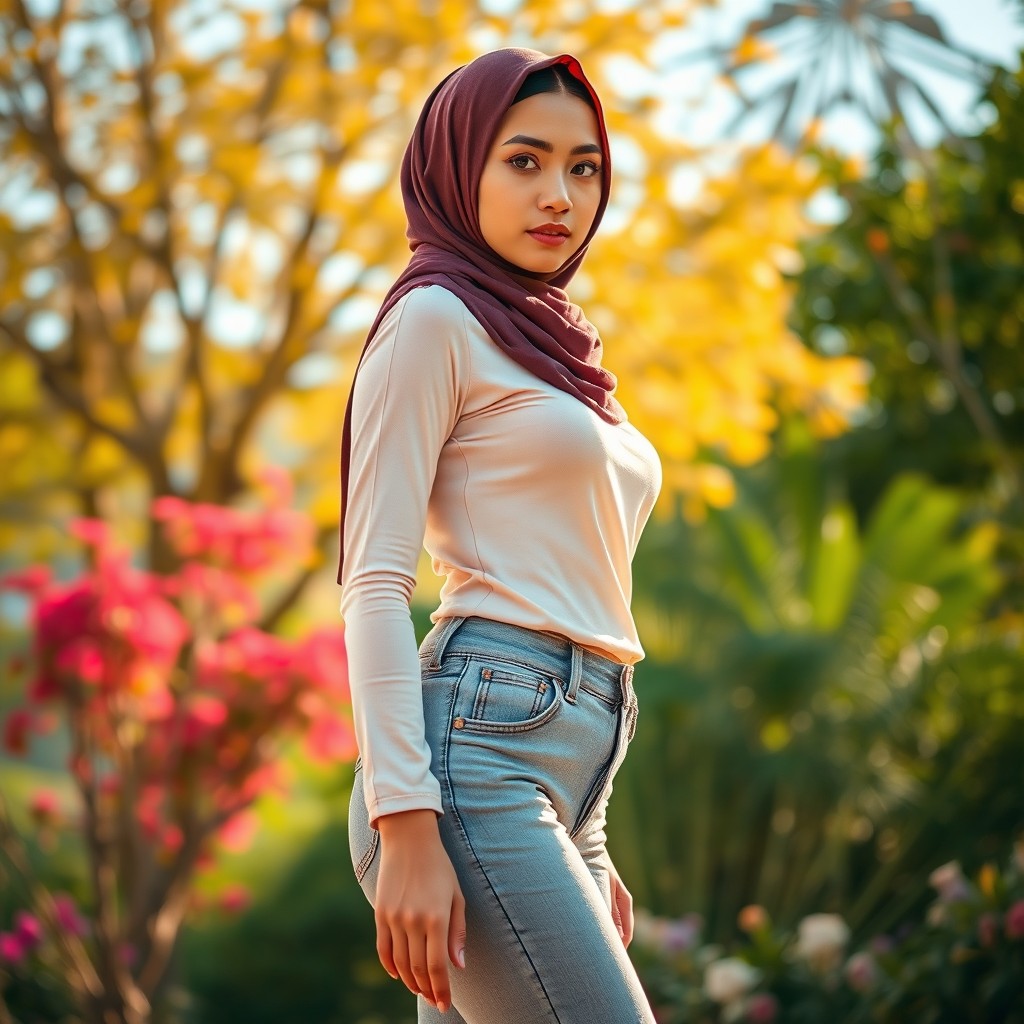 An empowering image of a woman wearing a stylish hijab, embodying a slim and ideal feminine figure, standing confidently in casual wear against an outdoor setting