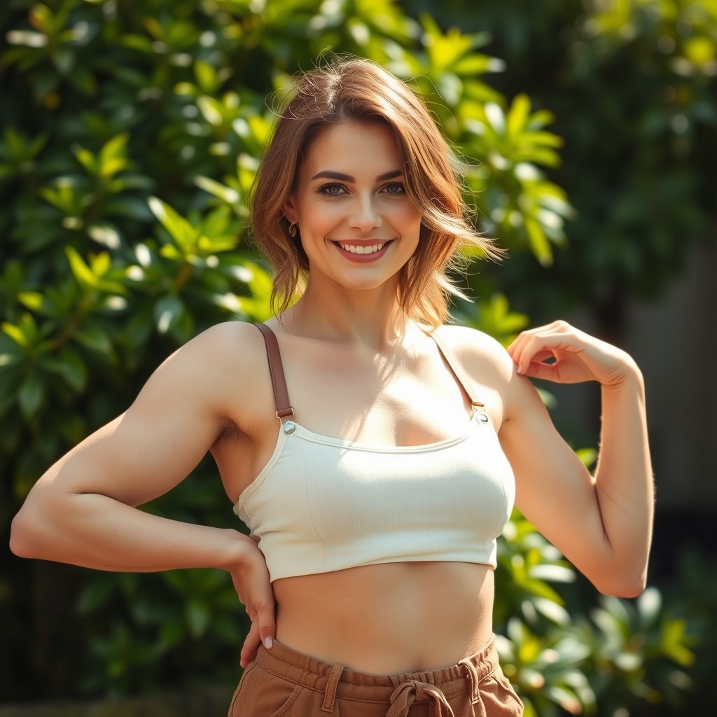 A portrait of a confident actress with natural beauty, showcasing her hairy armpits in a casual, relaxed photo shoot