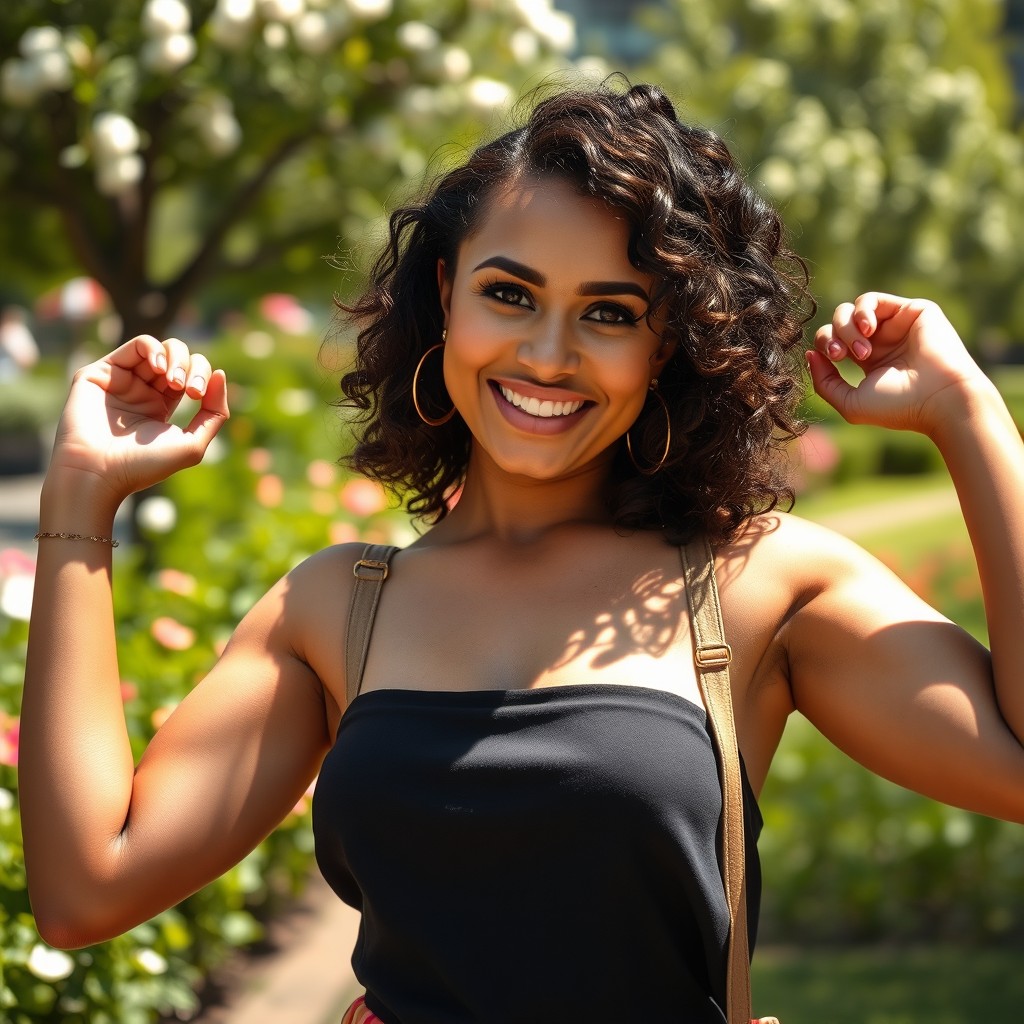 A portrait of a bold and confident actress proudly displaying her hairy armpits during a stylish outdoor photo shoot