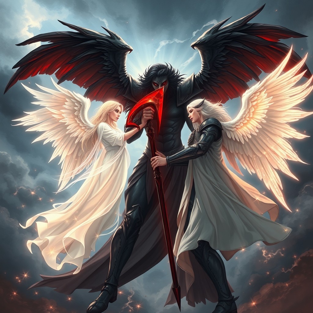 A dramatic and artistic depiction of Samael facing Azrael in an epic confrontation