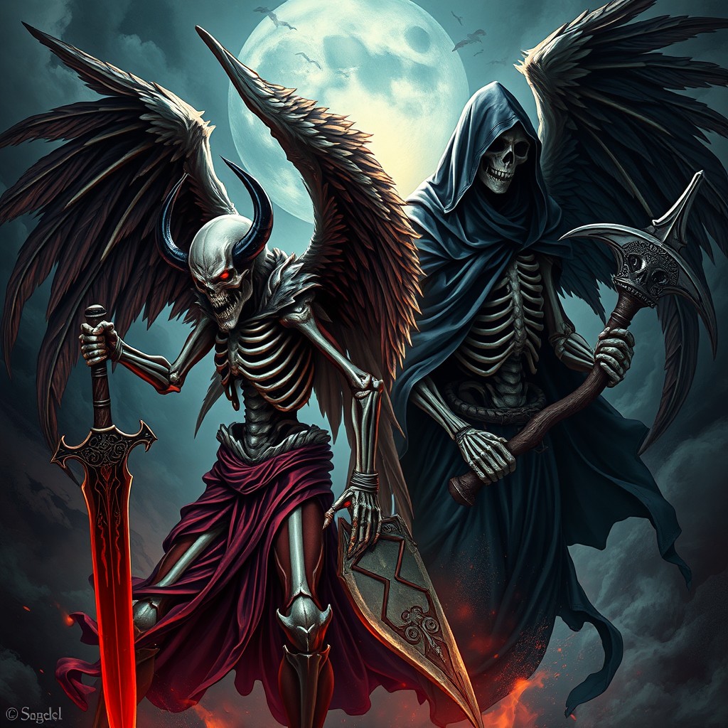 A vivid portrayal of Samael, depicted as a fearsome angel of punishment featuring a skull-like demonic visage, wielding a dark sword that embodies his sinister nature