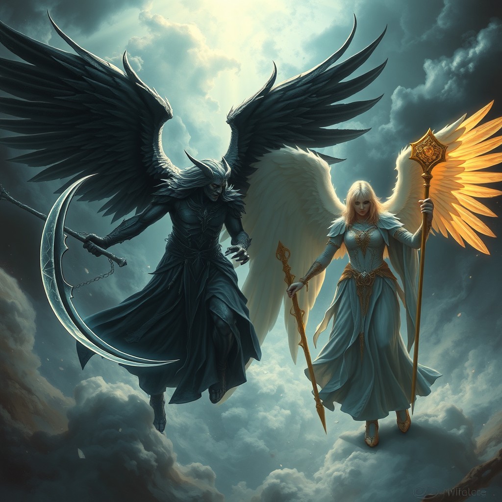 A dramatic fantasy scene depicting a battle between Samael, an angel of death, and Azrael, the angel of guidance