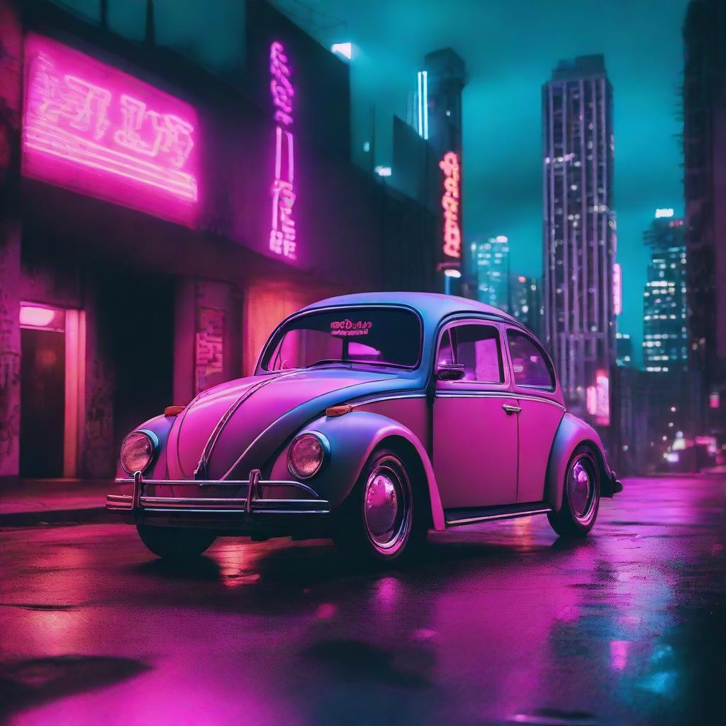 A vintage Volkswagen Beetle parked in a dystopian parking lot with a cyberpunk city backdrop filled with glowing neon lights.