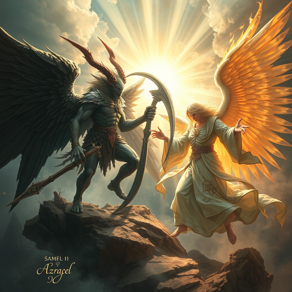 A mythologically accurate depiction of the battle between Samael and Azrael