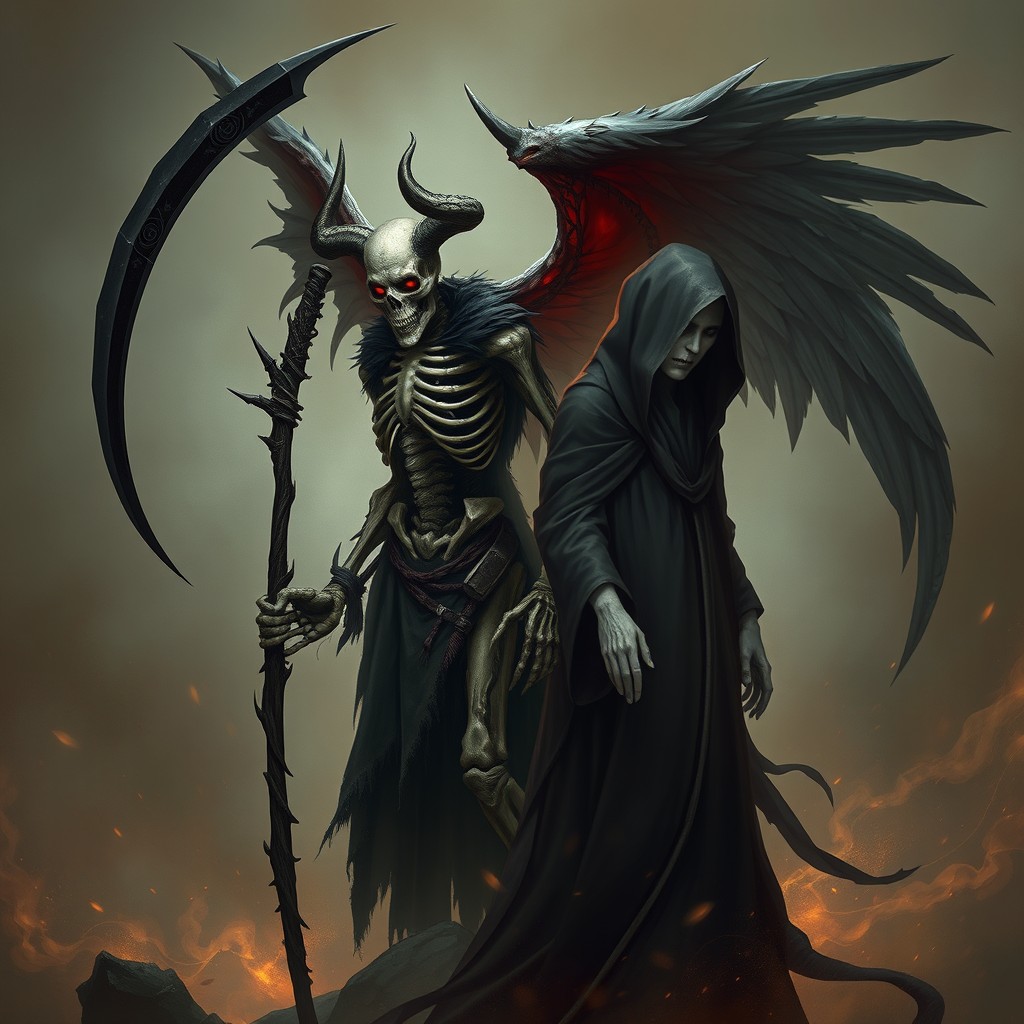 A vivid depiction of Samael as a skeletal demon, embodying darkness and malevolence, with a skull-like head and menacing red eyes