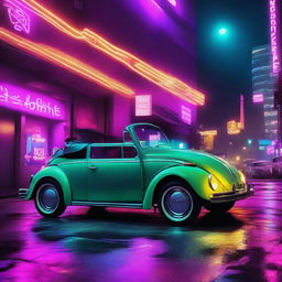 A vintage Volkswagen Beetle parked in a dystopian parking lot with a cyberpunk city backdrop filled with glowing neon lights.