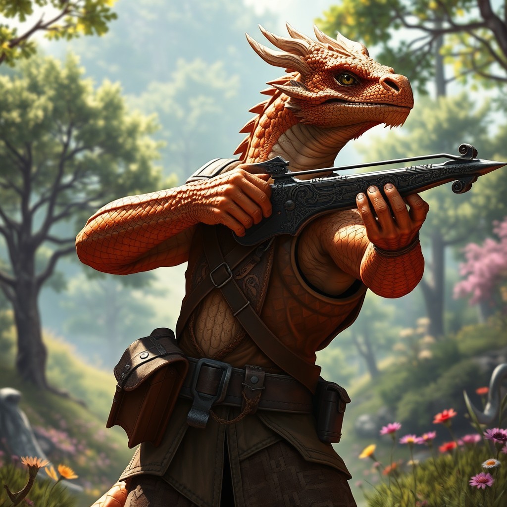 A striking Dungeons & Dragons inspired character featuring a copper dragonborn ranger, standing confidently in a lush forest setting