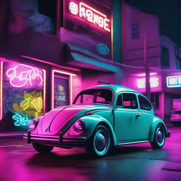 A vintage Volkswagen Beetle parked in a dystopian parking lot with a cyberpunk city backdrop filled with glowing neon lights.