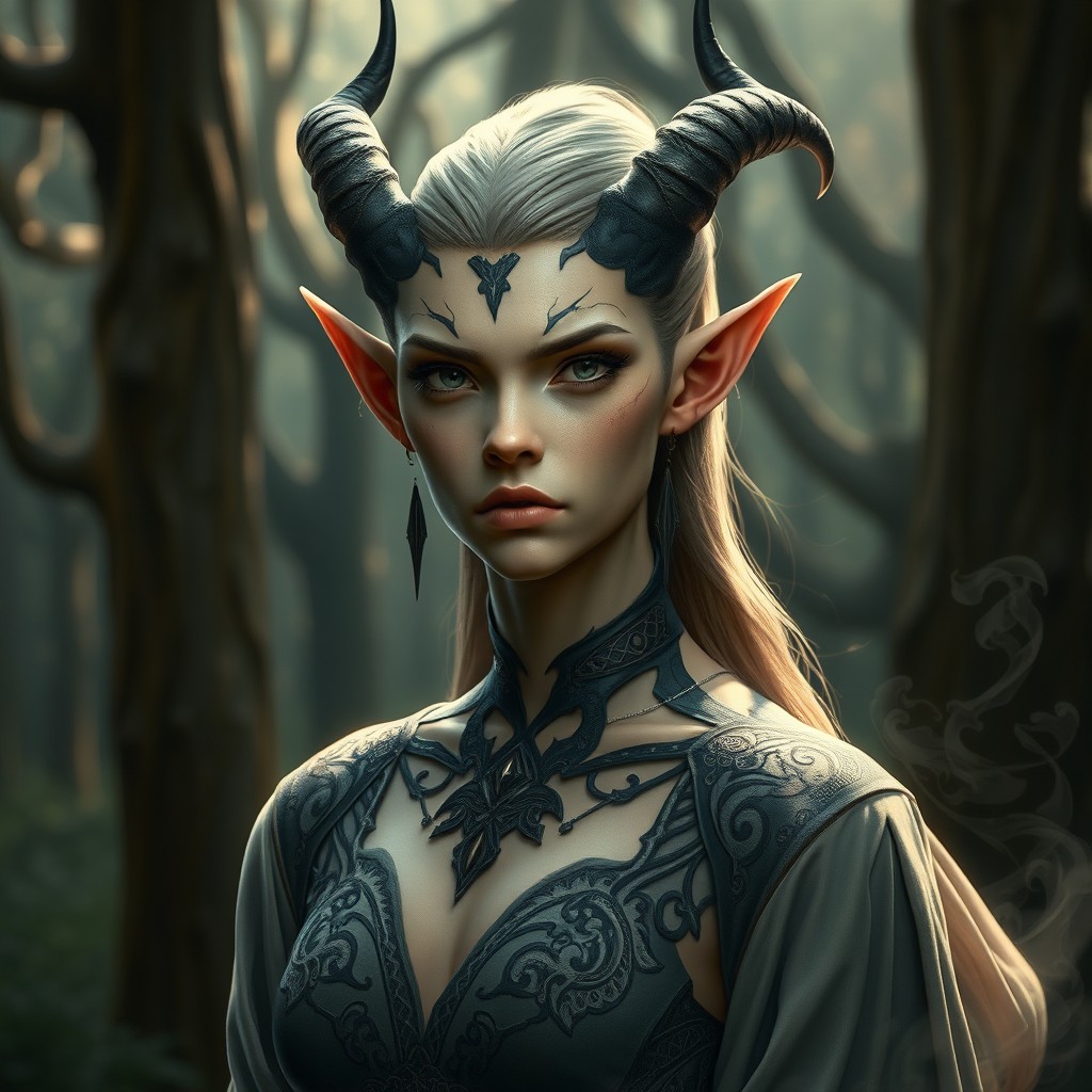 A striking elven figure with features that subtly reflect their demon ancestry, showcasing elegantly pointed ears and sharp, angular facial structures