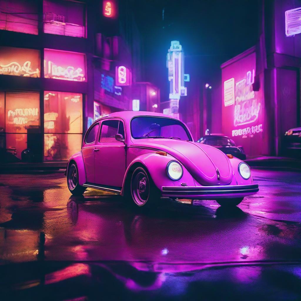 A vintage Volkswagen Beetle parked in a dystopian parking lot with a cyberpunk city backdrop filled with glowing neon lights.