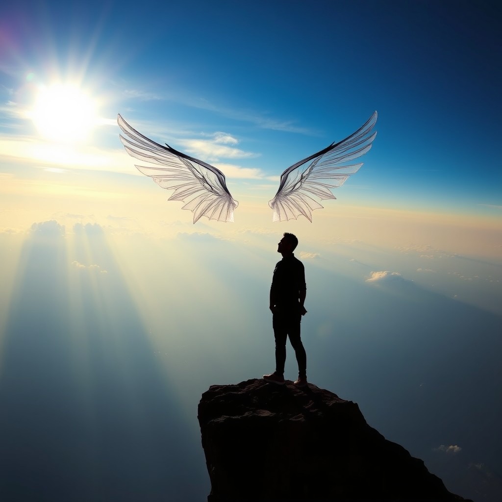 A striking silhouette of a man standing on the edge of a cliff, featuring transparent wings that evoke a sense of freedom and ethereality