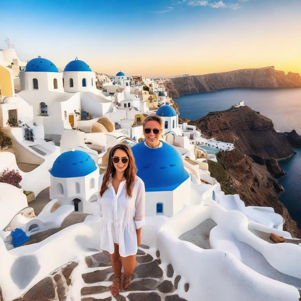 Ultra wide-angle selfie with iconic white buildings and blue domes of Santorini, Greece. Vibrant Mediterranean colors, high contrast architecture, and golden hour lighting overlooking the Aegean Sea in 9:16 aspect ratio, a resolution of 750, and 5 visual complexity