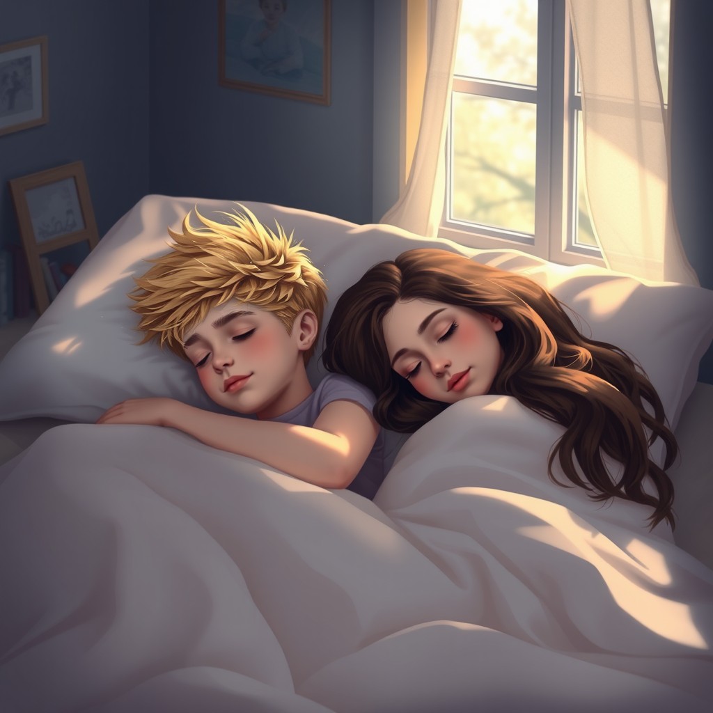A serene and cozy scene of a young couple peacefully sleeping in bed