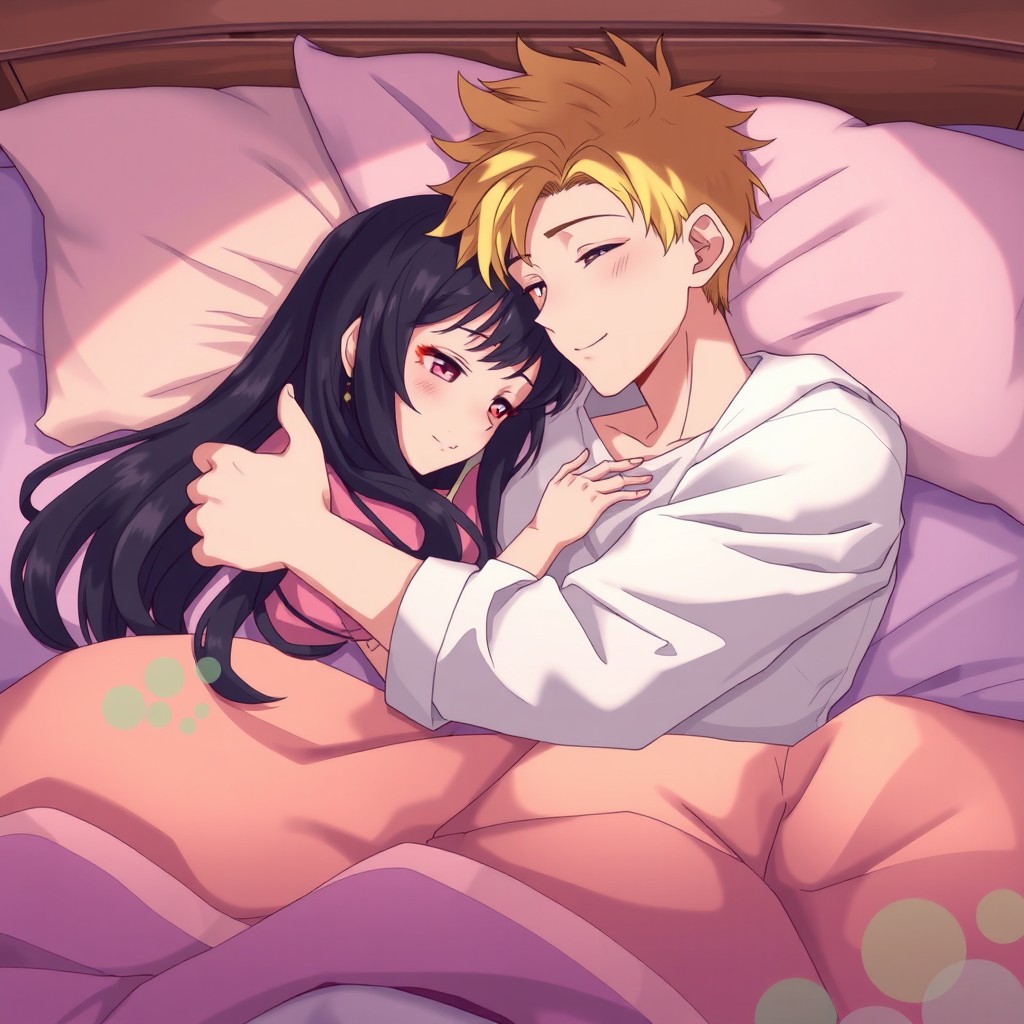 A scene depicting a blond-haired male teenager lying in bed, cuddling tenderly with a female teenager who has long black hair