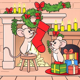 A festive scene featuring two adorable cartoon mice in a Christmas setting, designed specifically for a children's coloring book targeting ages 6-8