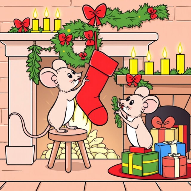 A festive scene featuring two adorable cartoon mice in a Christmas setting, designed specifically for a children's coloring book targeting ages 6-8