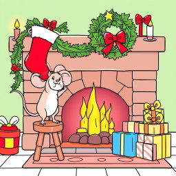 A festive scene featuring two adorable cartoon mice in a Christmas setting, designed specifically for a children's coloring book targeting ages 6-8