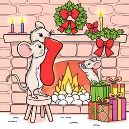 A festive scene featuring two adorable cartoon mice in a Christmas setting, designed specifically for a children's coloring book targeting ages 6-8