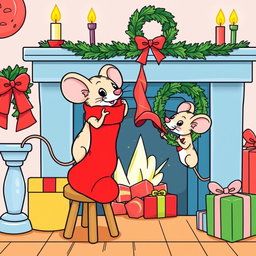 A festive scene featuring two adorable cartoon mice in a Christmas setting, designed specifically for a children's coloring book targeting ages 6-8