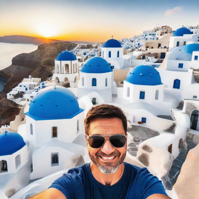 Ultra wide-angle selfie with iconic white buildings and blue domes of Santorini, Greece. Vibrant Mediterranean colors, high contrast architecture, and golden hour lighting overlooking the Aegean Sea in 9:16 aspect ratio, a resolution of 750, and 5 visual complexity